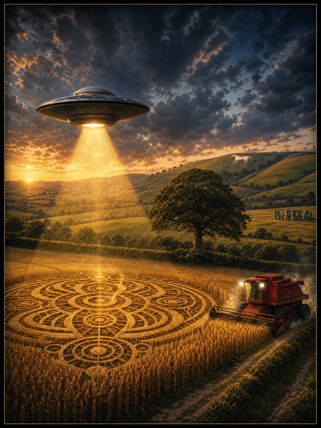 Wiltshire — a UFO over a crop circle in the English countryside