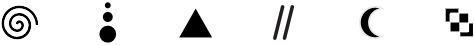 Six theme symbols representing Spiral, Fractal, Triangular, Linear, Crescent, and Optical patterns